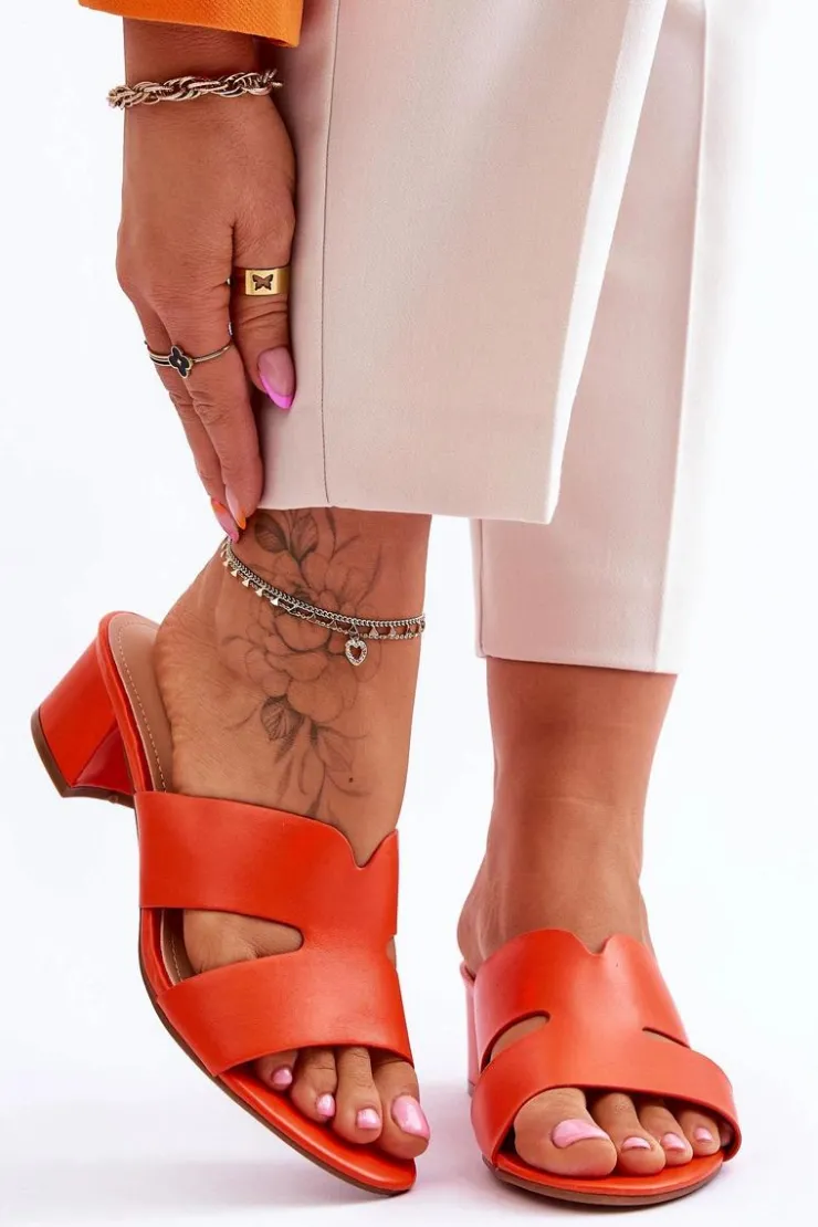 Hot Boto Klasyczne Skórzane Klapki Na Niskim Obcasie Pomarańczowe Miley