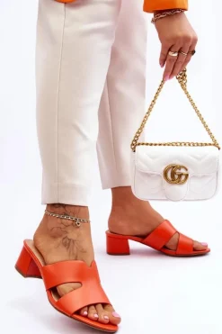 Hot Boto Klasyczne Skórzane Klapki Na Niskim Obcasie Pomarańczowe Miley