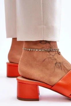 Hot Boto Klasyczne Skórzane Klapki Na Niskim Obcasie Pomarańczowe Miley