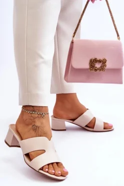 Damskie Boto Klasyczne Skórzane Klapki Na Niskim Obcasie Beżowe Miley