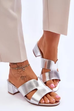 Damskie Boto Klasyczne Skórzane Klapki Na Niskim Obcasie Srebrne Miley