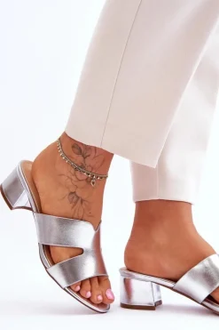 Damskie Boto Klasyczne Skórzane Klapki Na Niskim Obcasie Srebrne Miley