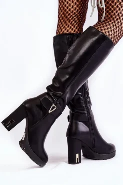 Damskie Boto Klasyczne Skórzane Kozaki Na Słupku Czarne Kornelli