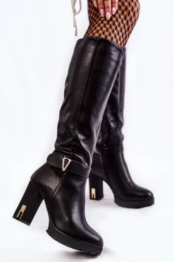 Damskie Boto Klasyczne Skórzane Kozaki Na Słupku Czarne Kornelli