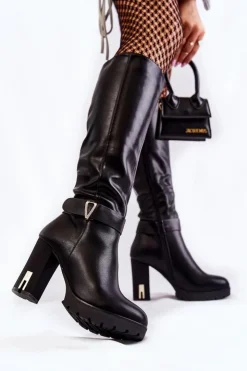 Damskie Boto Klasyczne Skórzane Kozaki Na Słupku Czarne Kornelli