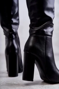 Damskie Boto Klasyczne Skórzane Kozaki Na Obcasie Czarne Tressa