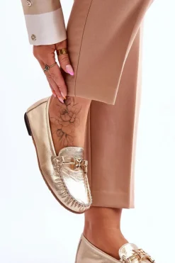 Damskie Laura Messi Klasyczne Skórzane Mokasyny Z Ozdobą 2459 Złote