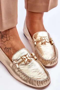 Damskie Laura Messi Klasyczne Skórzane Mokasyny Z Ozdobą 2459 Złote