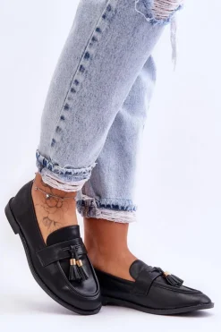 Damskie Boto Klasyczne Skórzane Mokasyny Z Frędzlami Czarne Camis