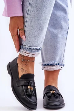 Damskie Boto Klasyczne Skórzane Mokasyny Z Frędzlami Czarne Camis