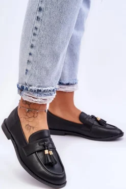 Damskie Boto Klasyczne Skórzane Mokasyny Z Frędzlami Czarne Camis