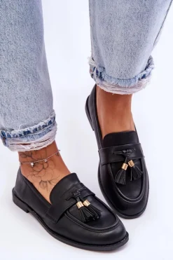 Damskie Boto Klasyczne Skórzane Mokasyny Z Frędzlami Czarne Camis