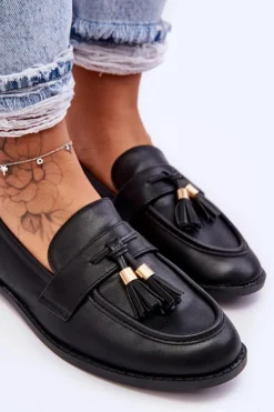 Damskie Boto Klasyczne Skórzane Mokasyny Z Frędzlami Czarne Camis