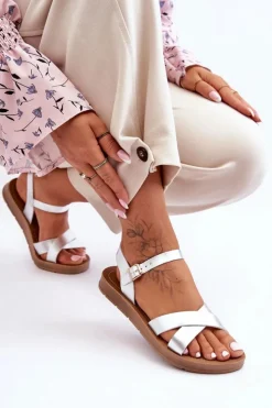 Boto Sandały Płaskie*Klasyczne Skórzane Sandały Damskie Srebrne Talisma