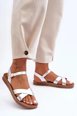 Boto Sandały Płaskie*Klasyczne Skórzane Sandały Damskie Srebrne Talisma