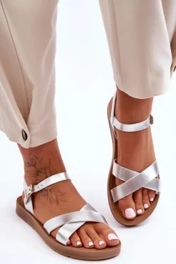 Boto Sandały Płaskie*Klasyczne Skórzane Sandały Damskie Srebrne Talisma