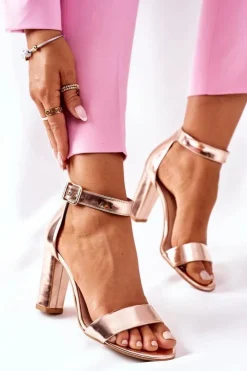 New Laura Messi Klasyczne Skórzane Sandały Na Słupku 1760 Champagne