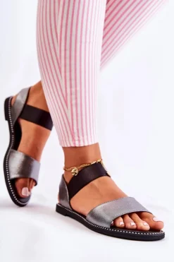 Hot Damskie buty S.Barski Klasyczne Skórzane Sandały Z Ćwiekami Ciemnosrebrne Shelly