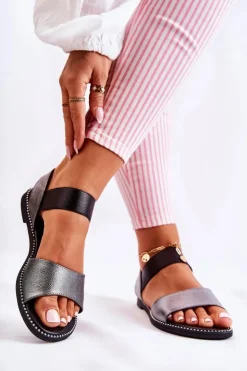 Hot Damskie buty S.Barski Klasyczne Skórzane Sandały Z Ćwiekami Ciemnosrebrne Shelly