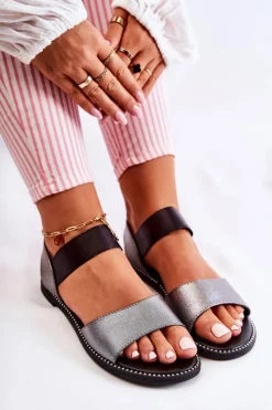 Hot Damskie buty S.Barski Klasyczne Skórzane Sandały Z Ćwiekami Ciemnosrebrne Shelly