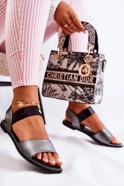 Hot Damskie buty S.Barski Klasyczne Skórzane Sandały Z Ćwiekami Ciemnosrebrne Shelly