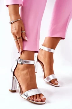 Damskie Laura Messi Klasyczne Skórzane Sandały Na Słupku 1760 Srebrne