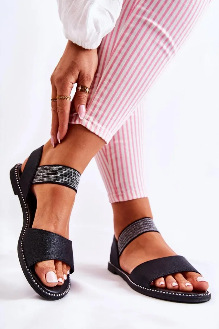 Damskie Damskie buty S.Barski Klasyczne Skórzane Sandały Z Ćwiekami Czarne Shelly