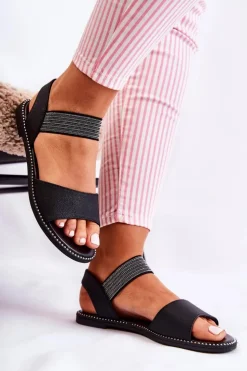 Damskie Damskie buty S.Barski Klasyczne Skórzane Sandały Z Ćwiekami Czarne Shelly