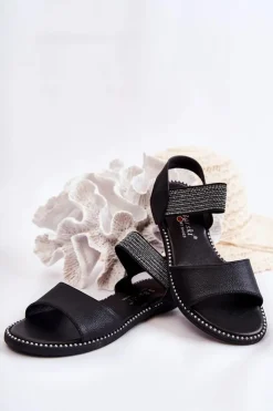 Damskie Damskie buty S.Barski Klasyczne Skórzane Sandały Z Ćwiekami Czarne Shelly