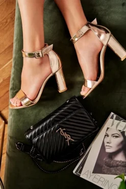 Laura Messi Sandały Na Obcasie*Klasyczne Skórzane Sandały Na Słupku 1760 Złote