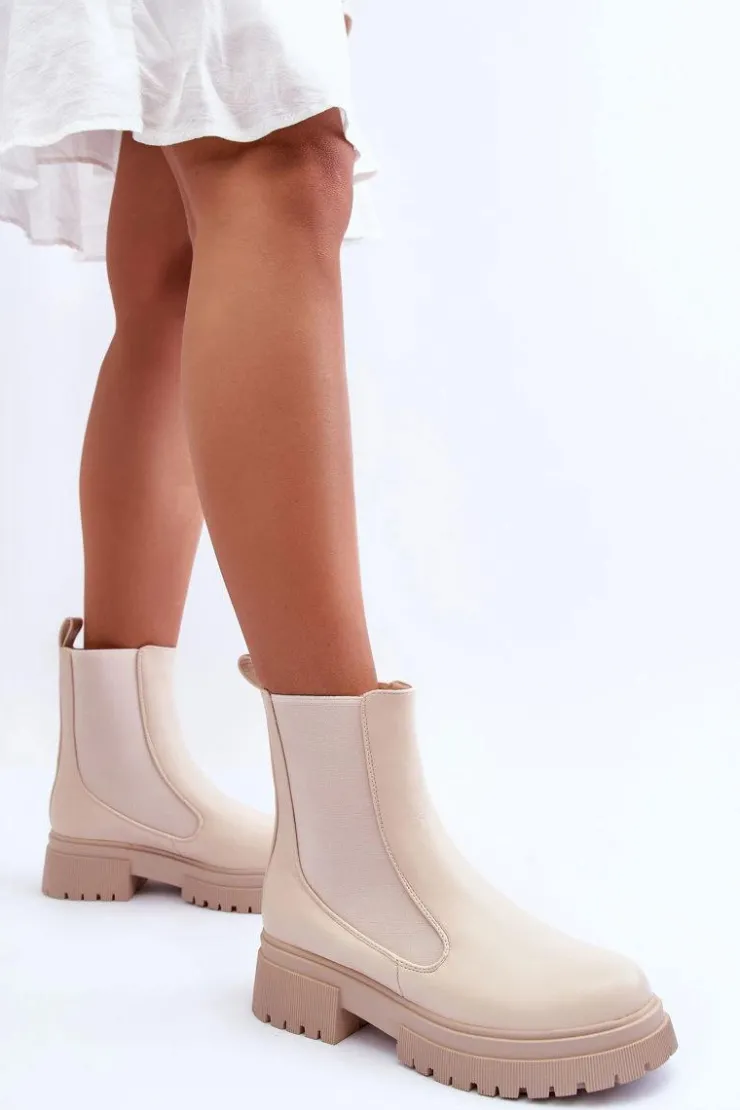 Damskie Boto Klasyczne Skórzane Sztyblety Botki Beżowe Isminna