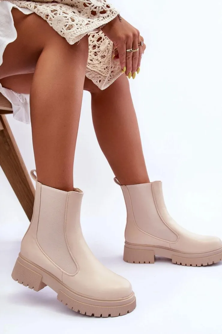 Damskie Boto Klasyczne Skórzane Sztyblety Botki Beżowe Isminna