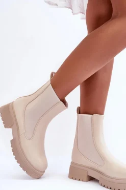 Damskie Boto Klasyczne Skórzane Sztyblety Botki Beżowe Isminna