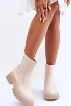 Damskie Boto Klasyczne Skórzane Sztyblety Botki Beżowe Isminna