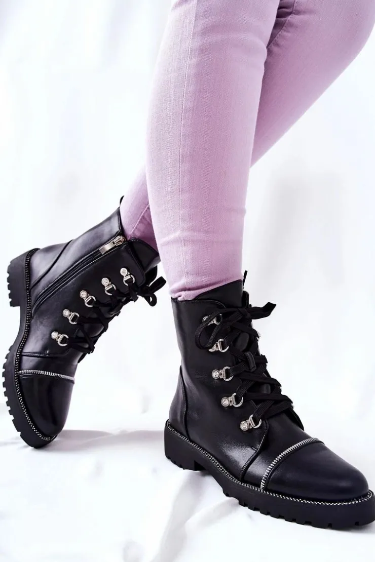 Boto Czarne Botki|Botki Płaskie*Klasyczne Skórzane Wiązane Botki Czarne Daiane