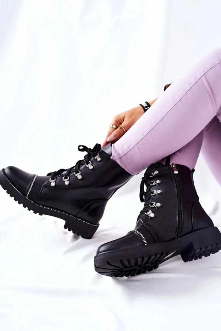 Boto Czarne Botki|Botki Płaskie*Klasyczne Skórzane Wiązane Botki Czarne Daiane