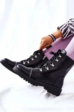 Boto Czarne Botki|Botki Płaskie*Klasyczne Skórzane Wiązane Botki Czarne Daiane