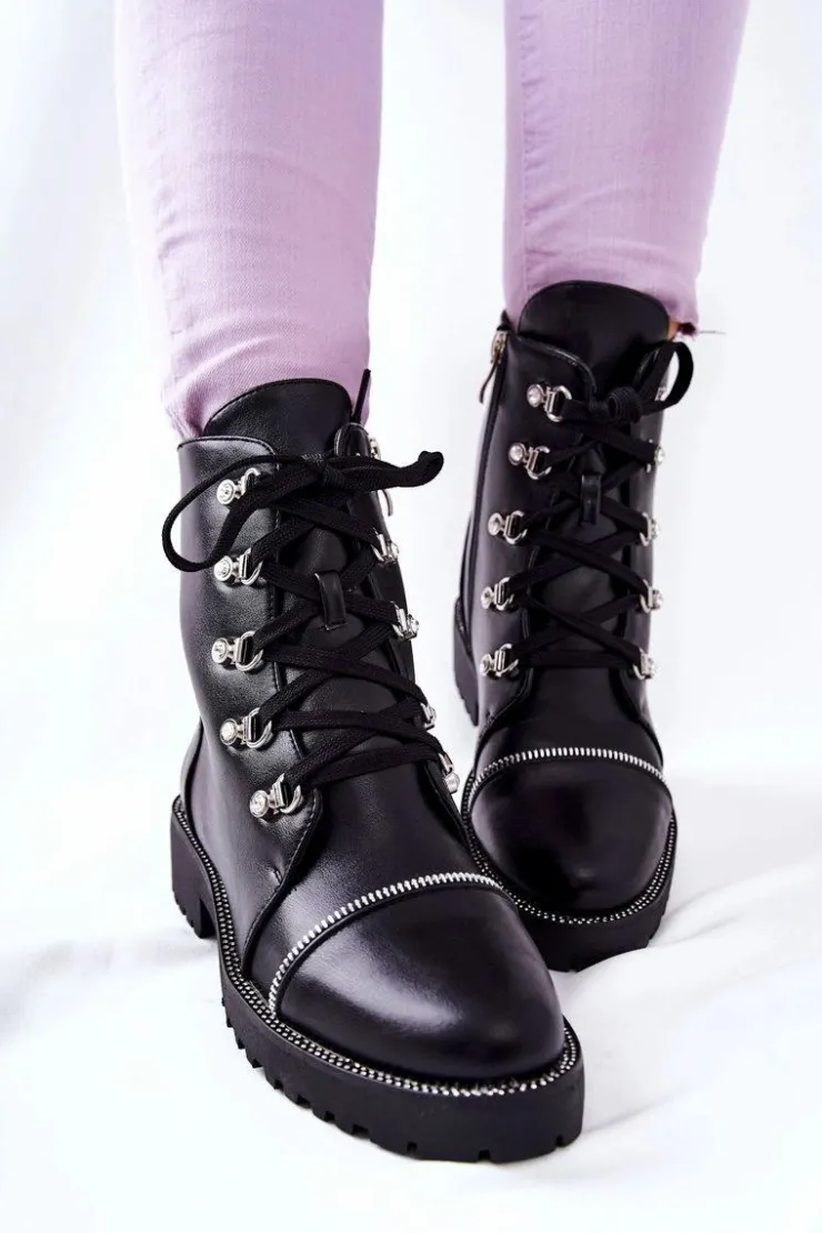 Boto Czarne Botki|Botki Płaskie*Klasyczne Skórzane Wiązane Botki Czarne Daiane