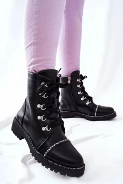 Boto Czarne Botki|Botki Płaskie*Klasyczne Skórzane Wiązane Botki Czarne Daiane