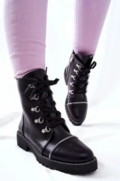 Boto Czarne Botki|Botki Płaskie*Klasyczne Skórzane Wiązane Botki Czarne Daiane