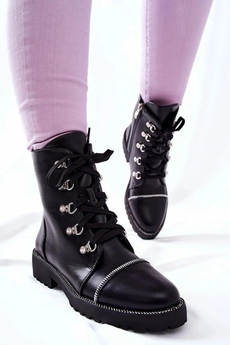 Boto Czarne Botki|Botki Płaskie*Klasyczne Skórzane Wiązane Botki Czarne Daiane