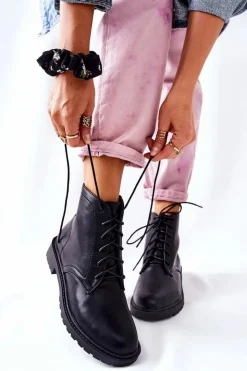 Boto Czarne Botki|Botki Zimowe Damskie*Klasyczne Skórzane Wiązane Botki Czarne Melome