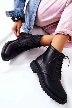 Boto Czarne Botki|Botki Zimowe Damskie*Klasyczne Skórzane Wiązane Botki Czarne Melome