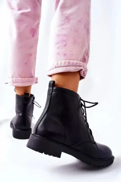 Boto Czarne Botki|Botki Zimowe Damskie*Klasyczne Skórzane Wiązane Botki Czarne Melome