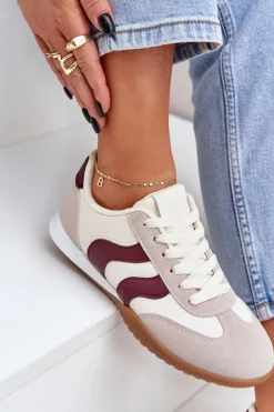 Hot Boto Klasyczne Sneakersy Damskie Z Eko Skóry Beżowo-Bordowe Maretina
