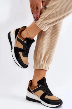 Boto Sneakersy Damskie*Klasyczne Sneakersy Na Koturnie Beżowo-Czarne Collide