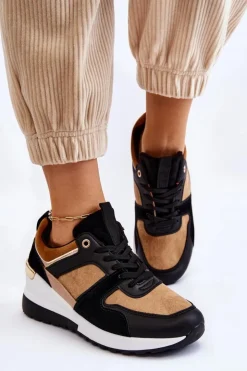 Boto Sneakersy Damskie*Klasyczne Sneakersy Na Koturnie Beżowo-Czarne Collide