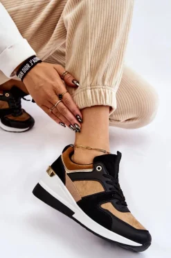 Boto Sneakersy Damskie*Klasyczne Sneakersy Na Koturnie Beżowo-Czarne Collide