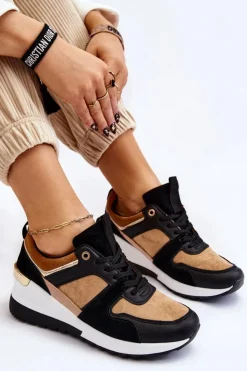 Boto Sneakersy Damskie*Klasyczne Sneakersy Na Koturnie Beżowo-Czarne Collide