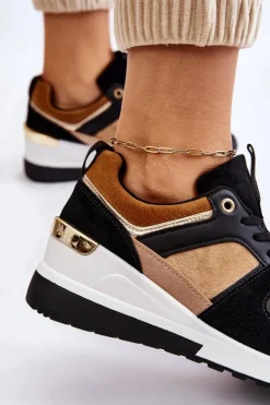 Boto Sneakersy Damskie*Klasyczne Sneakersy Na Koturnie Beżowo-Czarne Collide